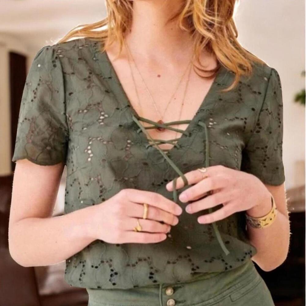 Sézane Romantic Olive Eyelet Lace-Up Boho Parisian Scalloped Blouse